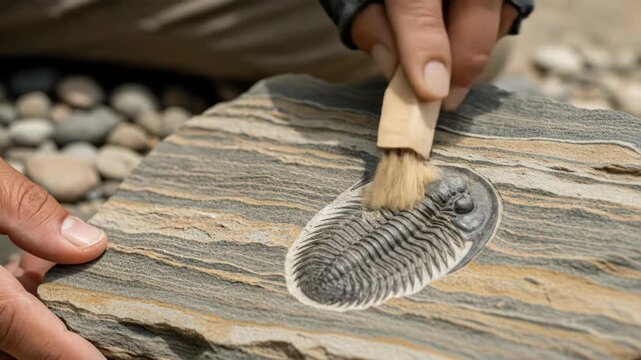 Man points at trilobite fossil on rock slate and cleans it with brush. Paleontology research and ancient life study concept.