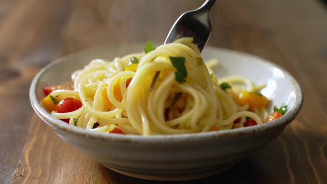 Pasta served with cherry tomatoes and fork on wooden table  