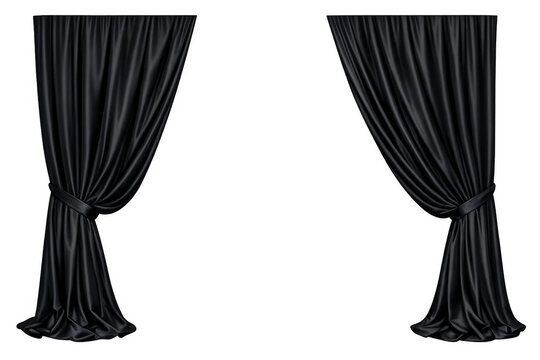 Dark black velvet curtains creating elegant stage opening, luxurious theatrical drape, isolated on transparent background