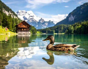 Duck swimming on serene mountain lake.