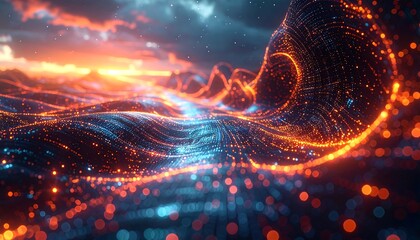 Data Flow Visualization: An abstract representation of data streams, a network of glowing particles, forming dynamic lines, set against a stunning celestial backdrop.