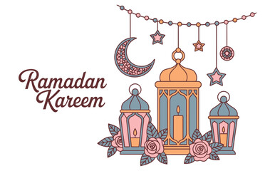 Fototapeta premium A beautifully designed Ramadan Kareem illustration features a crescent moon ornate lanterns twinkling stars and floral arrangements all set against a soft white backdrop.