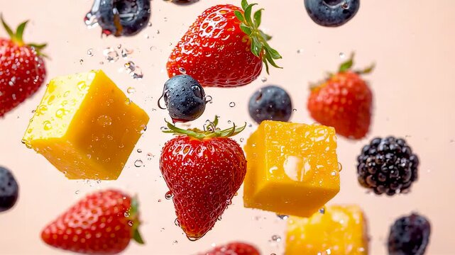 Floating strawberries blueberries blackberries and golden jelly cubes with sugar sparkle vibrant gourmet dessert food photography