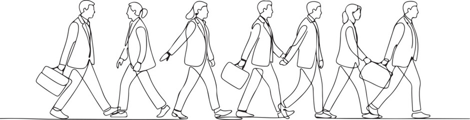 Single continuous line drawing of group urban commuters walking pass over and over again on city street go to the office. Urban commuter workers concept. one line Icon drawing © Mofazzelh