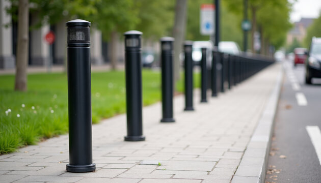 Black decorative lighting bollards along a stone walkway