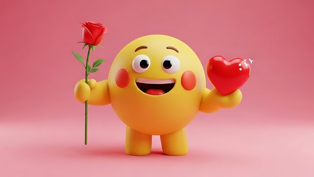 Happy emoji holding rose and heart illustration