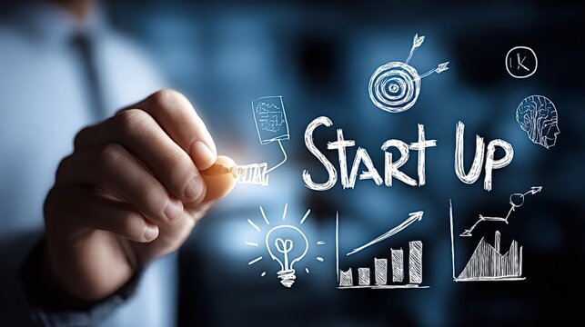 Businessman outlining a strategic startup plan on a virtual screen, visualizing concepts such as innovation, smart ideas, target achievement, and market growth for entrepreneurial success - Powered by Adobe