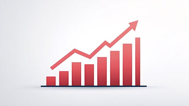 Red bar chart illustrating increasing data and positive financial trends, with an upward pointing arrow symbolizing business success and economic development - Powered by Adobe