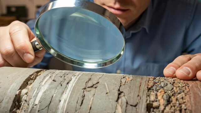 man geologist examining earth core sample, studying soil and sediment layers with magnifying glass for research