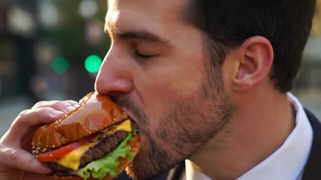 A young caucasian man in business attire, late 20s, with a trimmed beard, eats a gourmet burger outdoors under golden hour light, eyes closing in bliss against bokeh. Concept of pure culinary pleasure
