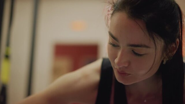 calm gym form session woman controlling breath and tempo during low rep set, soft window light and reflective calm mood, closeup on concentrated face and steady shoulders frames suggest yoga