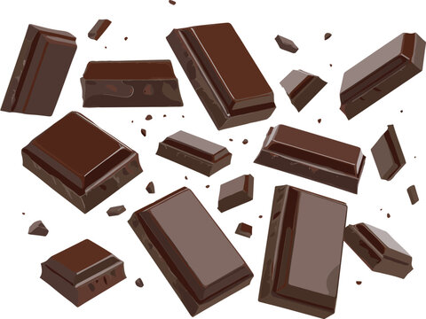 Broken chocolate bar pieces vector illustration with scattered cocoa candy chunks in realistic glossy style