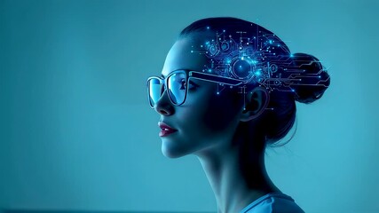 Woman wearing smart augmented reality glasses with glowing neural interface showing advanced wearable technology and digital human interaction - Powered by Adobe
