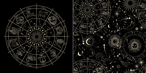 Vector illustration of zodiac signs in a synthage linear retro engraving style with baroque elements. Astrology and tarot	