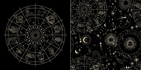 Vector illustration of zodiac signs in a synthage linear retro engraving style with baroque elements. Astrology and tarot  © chikovnaya