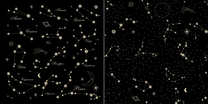 Vector illustration of zodiac signs in a synthage linear retro engraving style with baroque elements. Astrology and tarot	