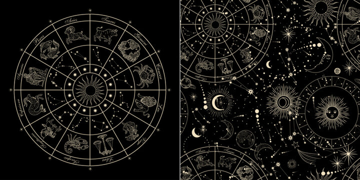 Vector illustration of zodiac signs in a synthage linear retro engraving style with baroque elements. Astrology and tarot	