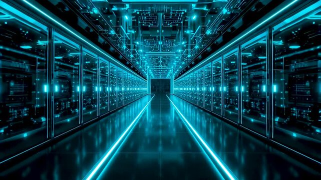 Glowing data center corridor with illuminated server racks and reflective floor showing secure computing infrastructure and high performance technology