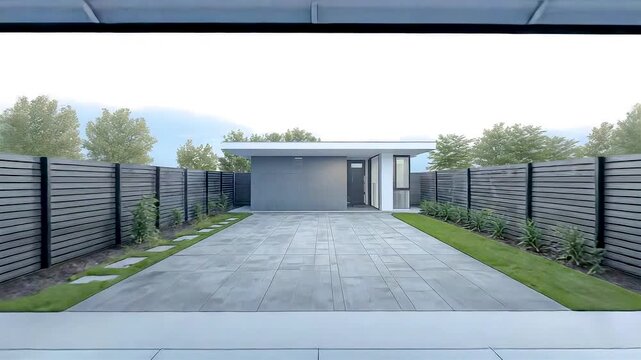 Modern residential driveway with gated entrance paved path and minimalist house exterior showing clean architecture and private property design