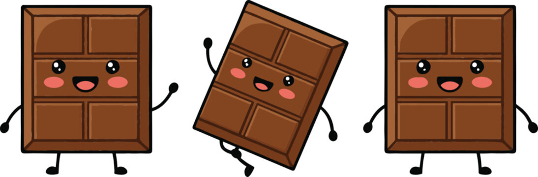 Cute chocolate bar cartoon vector illustration set with smiling candy characters in playful flat style