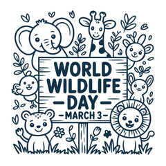 Cute cartoon world wildlife day sign with happy animals