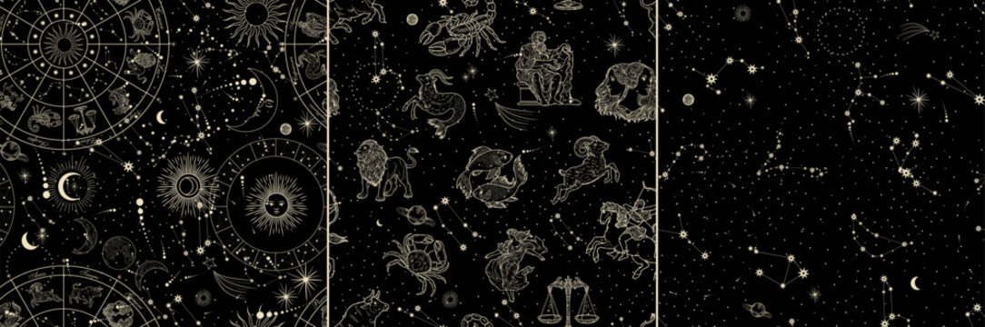 Vector illustration of zodiac signs in a synthage linear retro engraving style with baroque elements. Astrology and tarot	