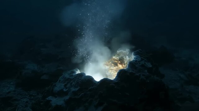 Hydrothermal vent spewing hot water and minerals from the deep ocean floor with glowing light.