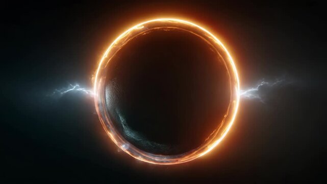 Glowing ring dark sphere electric energy abstract background cosmic futuristic dramatic mysterious digital art, solar eclipse with fiery orange ring and electric blue lightning, powerful cosmic event