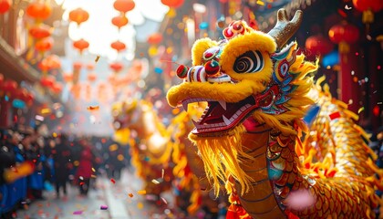 Chinese Street Parade with Dragon and Crowd
