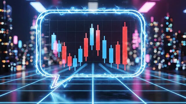 Abstract candlestick chart glowing neon communication bubble and cityscape