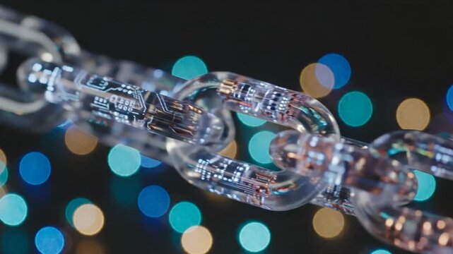 Abstract chain links connecting digital data with illuminated background