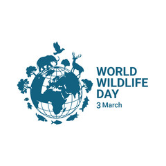 World wildlife day poster with animals silhouettes around globe 3 march