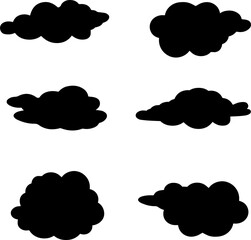 Assortment of black cloud silhouettes, unique and varied shapes depicting atmospheric phenomena, creative design assets for weather graphics, isolated vector illustration