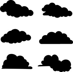 Collection of stylized black clouds, silhouetted against a transparent background, representing various weather conditions and atmospheric elements for graphic design