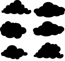Collection of various black cloud silhouettes, abstract shapes representing atmospheric elements, diverse design assets for weather and sky concepts, isolated vector illustration