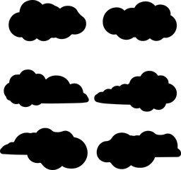 Collection of six distinct cloud silhouettes on a transparent backdrop, ideal for depicting weather conditions or as creative graphic resources