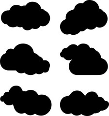 Set of six cloud shapes isolated on transparent background, various black silhouette icons for weather forecast or graphic design, digital illustration art