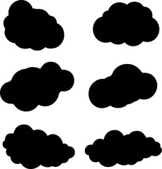 Assortment of six unique cloud forms in black, presented on a transparent background, perfect for use as weather icons or decorative graphic elements