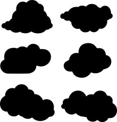Collection of black silhouette clouds isolated on transparent grid background for weather concept design and graphic elements for illustration