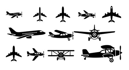Collection of black aircraft silhouettes featuring propeller planes, biplanes, and commercial jets. Professional vector icons for general aviation, flight training, and travel design.