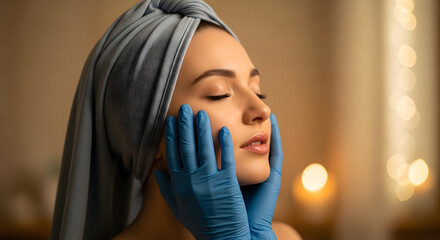 Woman with Towel on Head Receiving Facial Treatment.