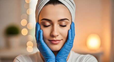 Woman with Towel on Head and Gloves.