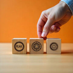 Hand Stacking Wooden Blocks with Business Icons for Leadership, Career Growth, and Organizational Development on a Minimalist Desk.