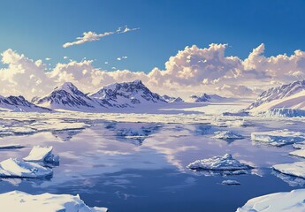 Fototapeta premium A vast Arctic landscape with snow-covered mountains, floating ice, and calm water reflecting the blue sky and white clouds