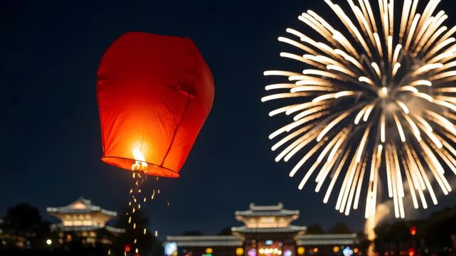 Red Sky Lantern Flying Night Sky Fireworks Festival Asian Architecture Celebration 4K Ai HD high quality video.
