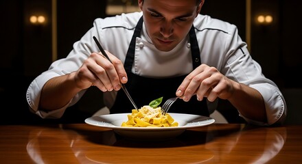 Chef carefully plating gourmet dish