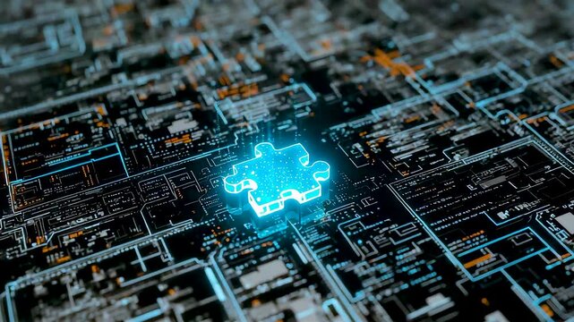 Glowing puzzle piece embedded in electronic circuit board showing problem solving innovation technology integration and digital system intelligence