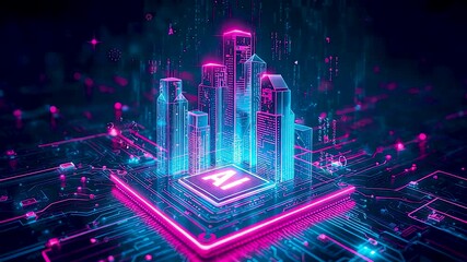 Artificial intelligence core powering digital cityscape with glowing data towers showing advanced computing infrastructure and smart urban technology - Powered by Adobe