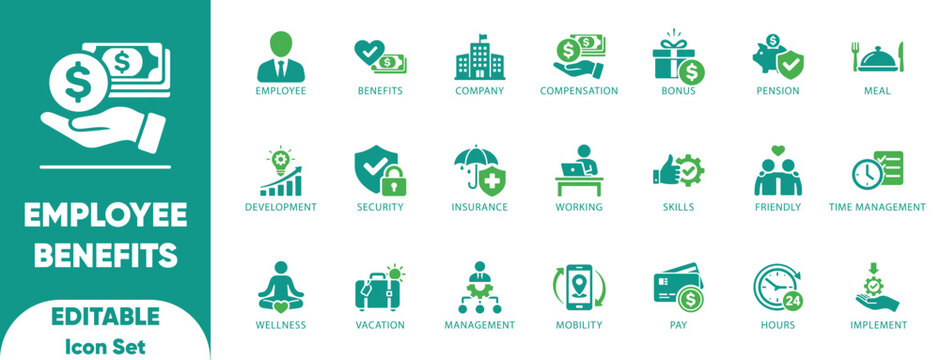 Employee Benefits HR Compensation Perks Insurance Bonus Salary Vector Icon Set