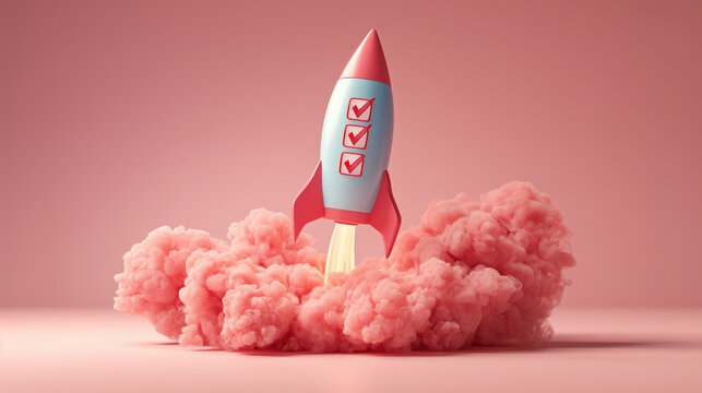 Startende Rakete mit abgehakten Checkboxen symbolisiert die effiziente Erledigung von Aufgaben